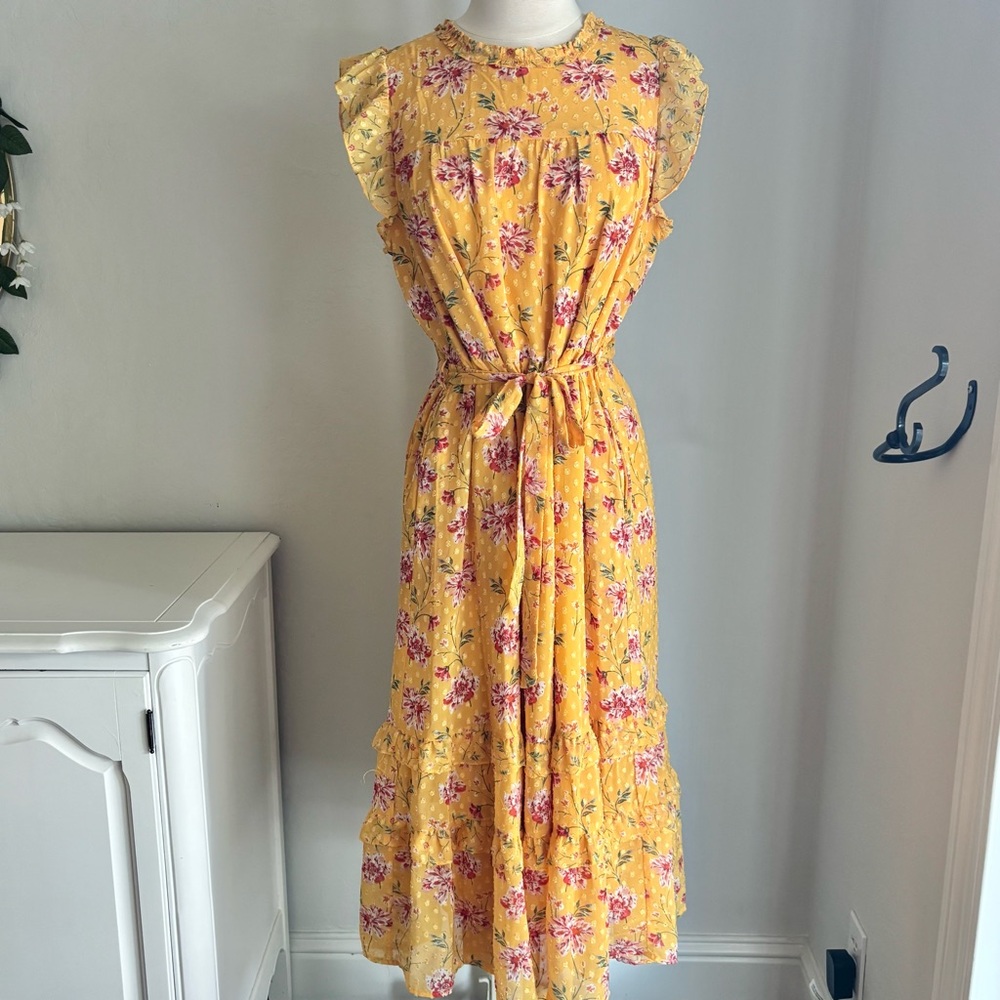 DR2 Swiss Dot Floral Print Ruffle Cap Sleeve Tiered Midi Dress, Goldenrod, Sz S
